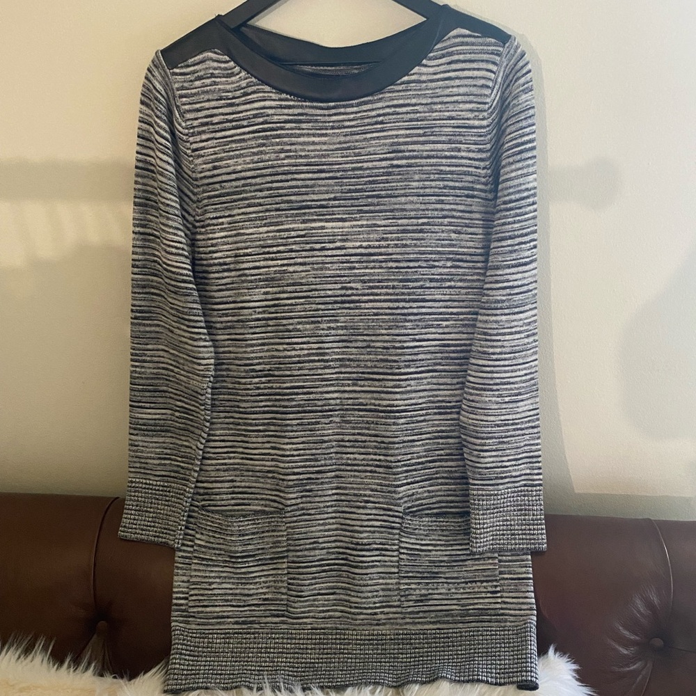 Fun Sweater Dress. Stylish faux leather neckline.